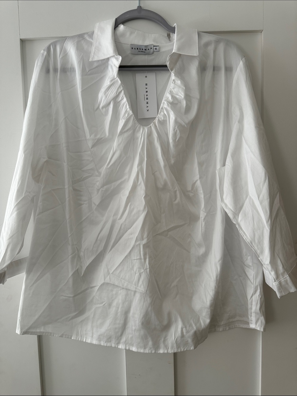 White Gathered V-Neck Button-Down Shirt 08